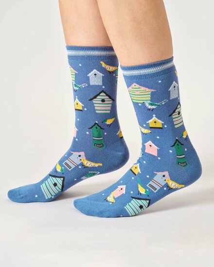 blauwe damessokken met vogels