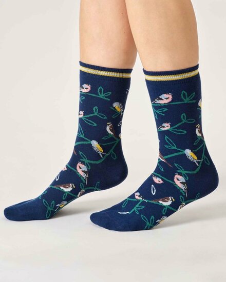 blauwe sokken met vogels