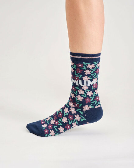 blauwe damessokken met bloemen mum