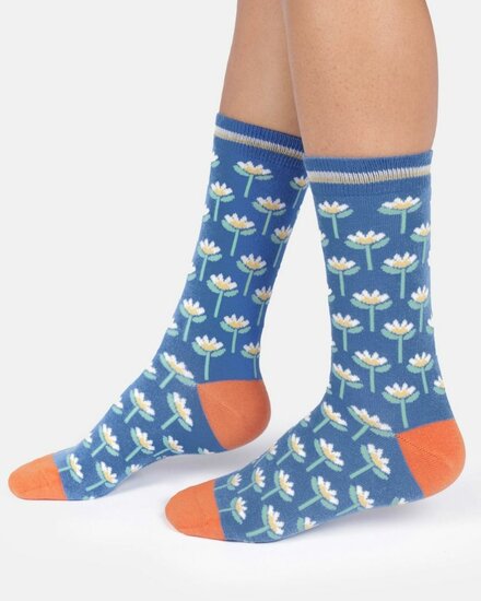 Thought katoenen damessokken met bloemen french blue