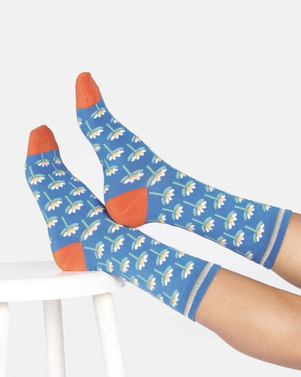 damessokken blauw bio katoen bloemen