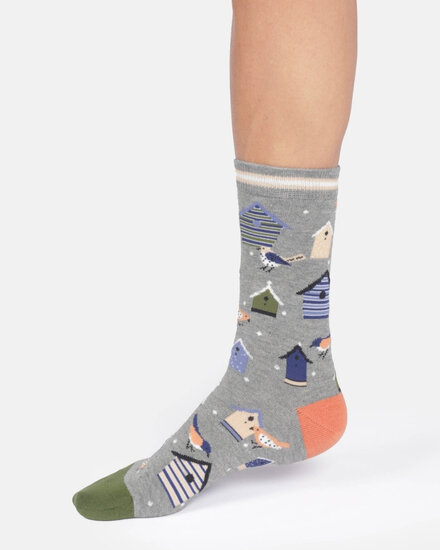 katoenen damessokken met vogelhuisjes grey marl