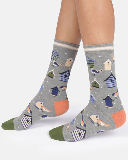 damessokken met vogels grijs