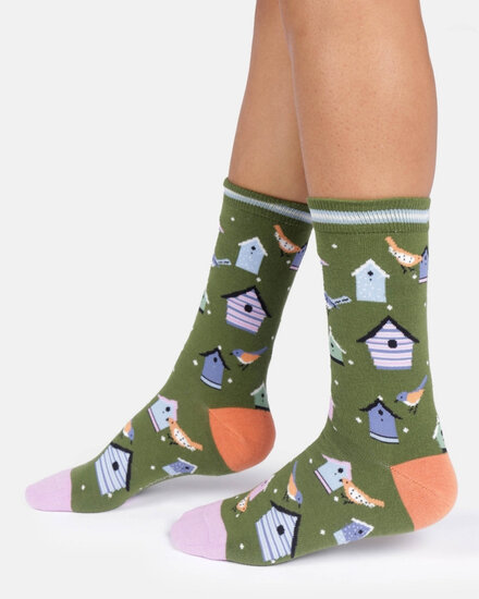 damessokken met vogelhuisjes olive green