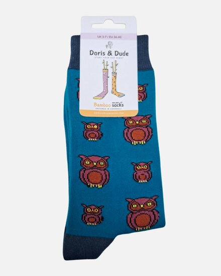 bamboe damessokken met uilen turquoise