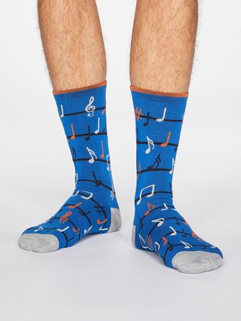 Bamboe herensokken muzieknoten bright blue