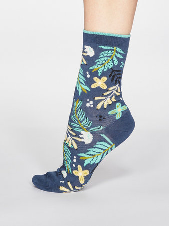 Bamboe damessokken Nelly bloemen denim blue