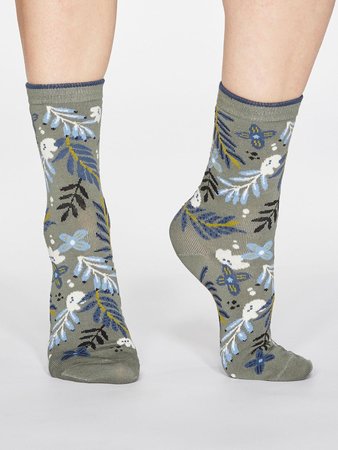Bamboe damessokken Nelly bloemen sage green