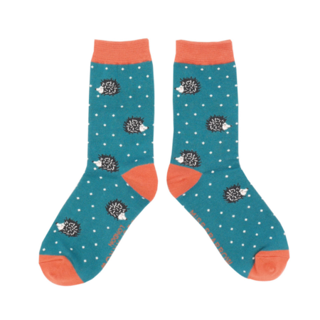 Bamboe damessokken in teal kleur met egeltjes