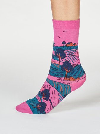 Damessokken biologisch katoen landschap - violet pink