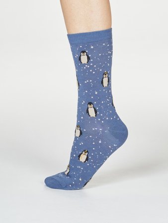Bamboe damessokken Dona pinguïn blue slate