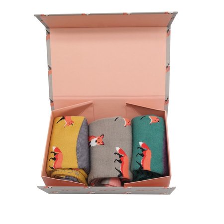 Bamboe sokken dames vossen 3 paar in cadeaudoos