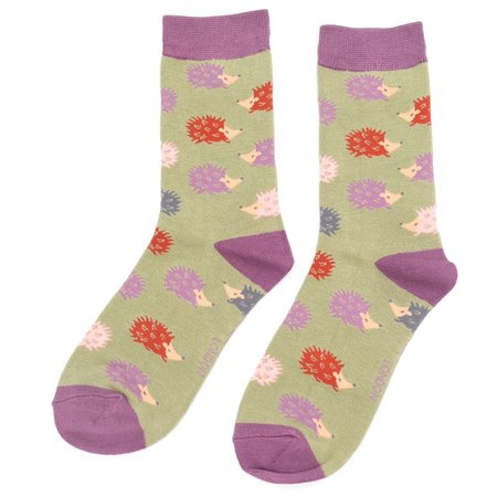 Bamboe damessokken in olive kleur met fun egeltjes