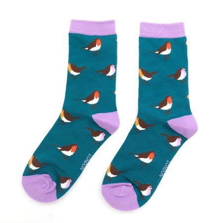 Bamboe damessokken roodborstjes teal multicolour