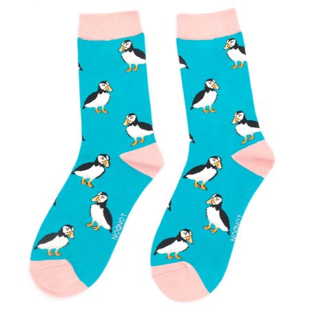 Bamboe damessokken puffins turquoise