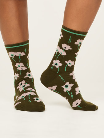 Damessokken biologisch katoen poppies - olive green