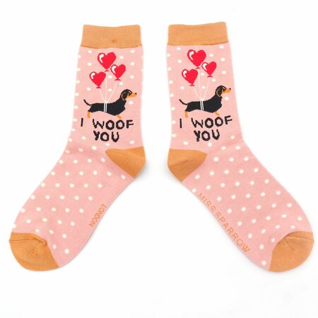 Bamboe damessokken teckel hond - I Woof You - dusky pink