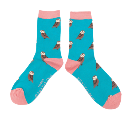 Bamboe damessokken uilen - turquoise