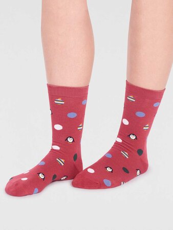 Dames kerstsokken pinguïns - brick red
