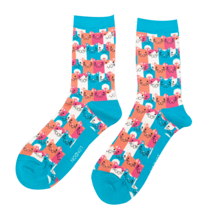 Bamboe sokken dames katten - turquoise