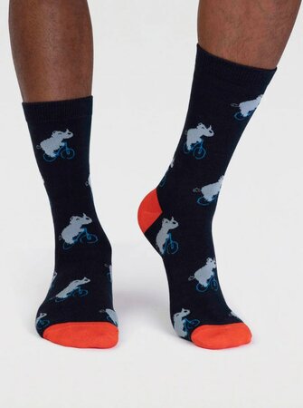 Bamboe sokken heren fiets met neushoorn - navy