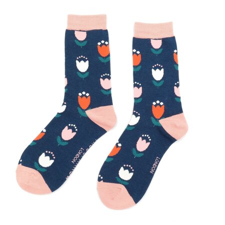 Bamboe sokken dames tulpen - navy