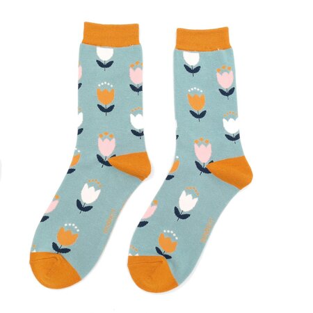Bamboe sokken dames tulpen - duck egg