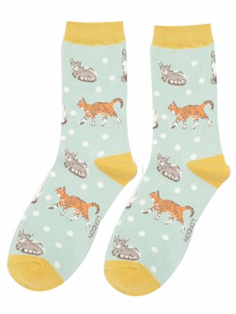 Bamboe sokken dames katten - duck egg