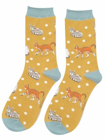 Bamboe sokken dames katten - mustard