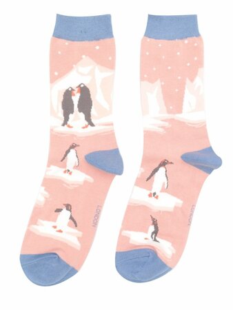 Bamboe sokken dames pinguïns op ijsschots - dusky pink