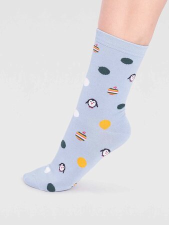 Kerstsokken dames met pinguïns - foam blue