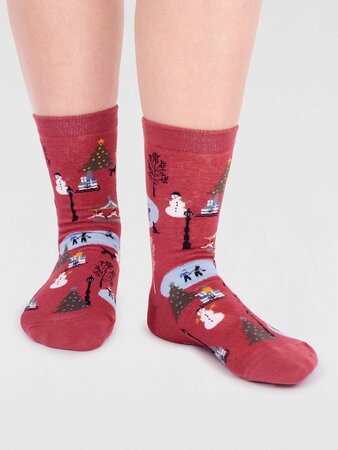 Dames sokken winters tafereeltje gloria - brick red