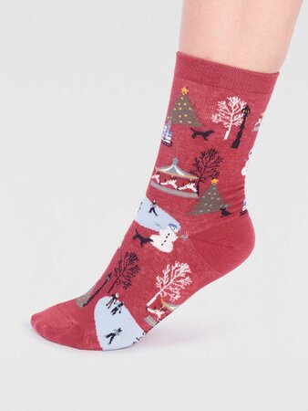 Dames sokken winters tafereeltje gloria - brick red