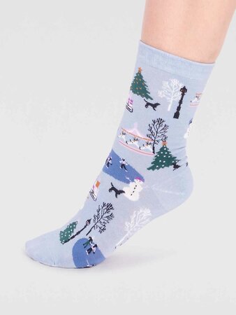 Dames sokken winters tafereeltje gloria - foam blue