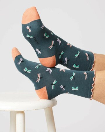 Dames sokken met libellen bio katoen - blue slate