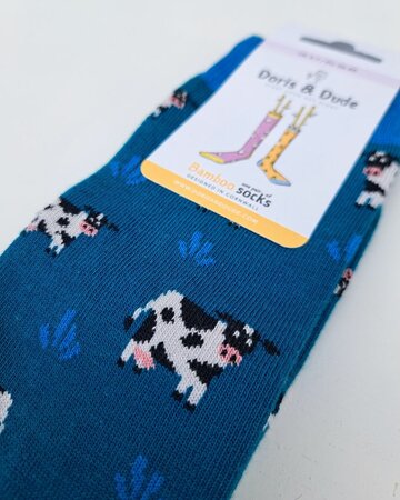 Doris & Dude bamboe damessokken koeien teal blauw