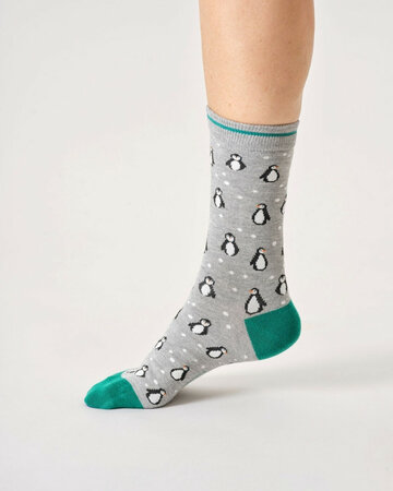 Thought bamboe damessokken pinguïns - grey marl