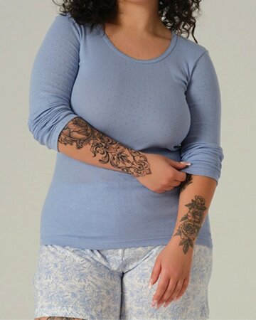 Comazo dames pyjamashirt lange mouwen katoen – lightblue