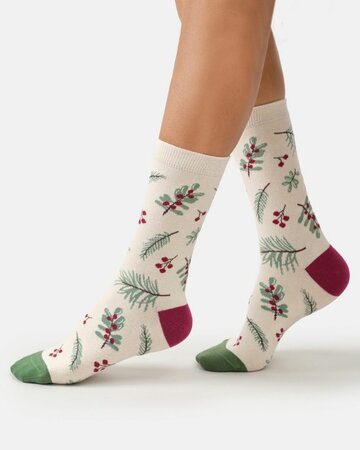 Thought bamboe damessokken bladeren en bessen – cotton white