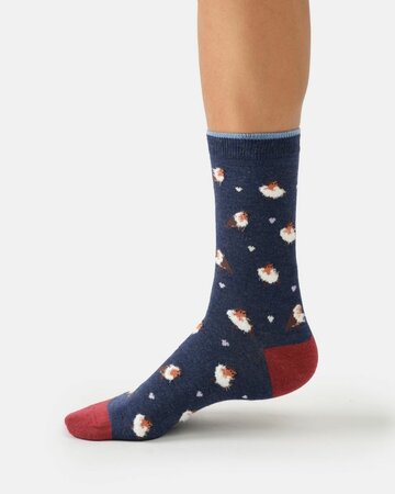 Thought katoenen damessokken met roodborstjes – indigo blue marl