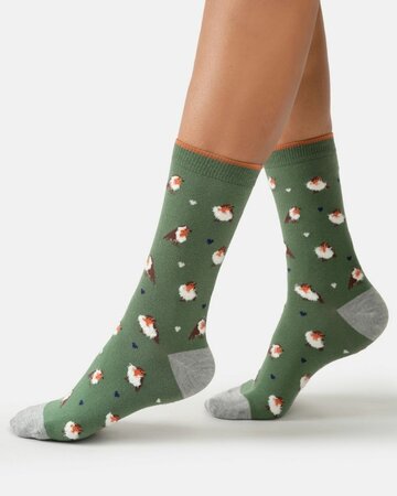 Thought katoenen damessokken met roodborstjes – fern green