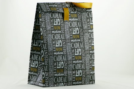 Gift bag zwart groot met opdruk en lint