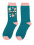 Bamboe sokken dames bloemetjes en bijtjes - teal